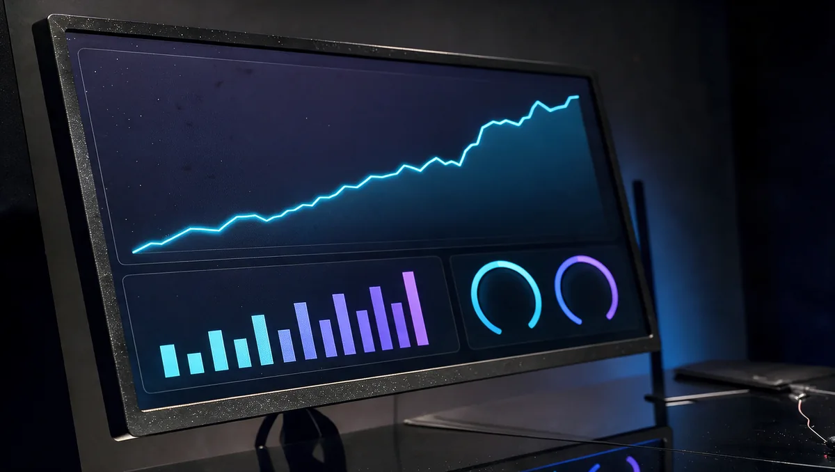 Ilustración de un panel de analítica web con una curva y varios indicadores