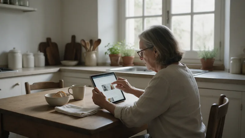 Mujer mayor con gafas de lectura ampliando el texto de una web en una tableta