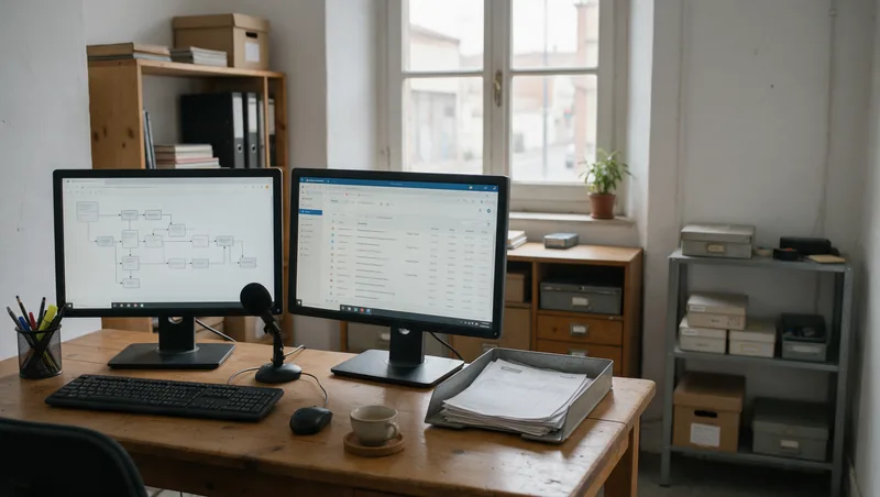 Dos monitores en un escritorio, uno con un diagrama de automatización y otro con el correo