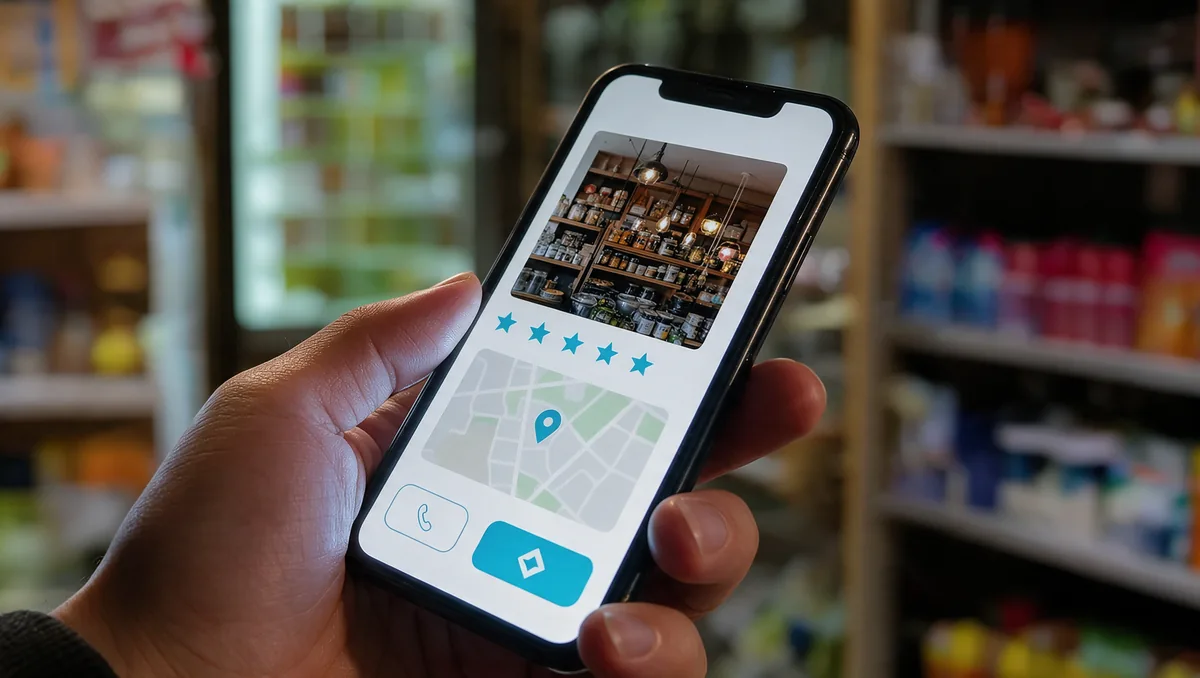 Móvil con la ficha de un negocio: foto, estrellas y mapa, dentro de la tienda
