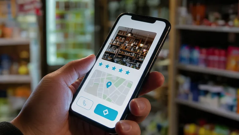 Móvil con la ficha de un negocio: foto, estrellas y mapa, dentro de la tienda