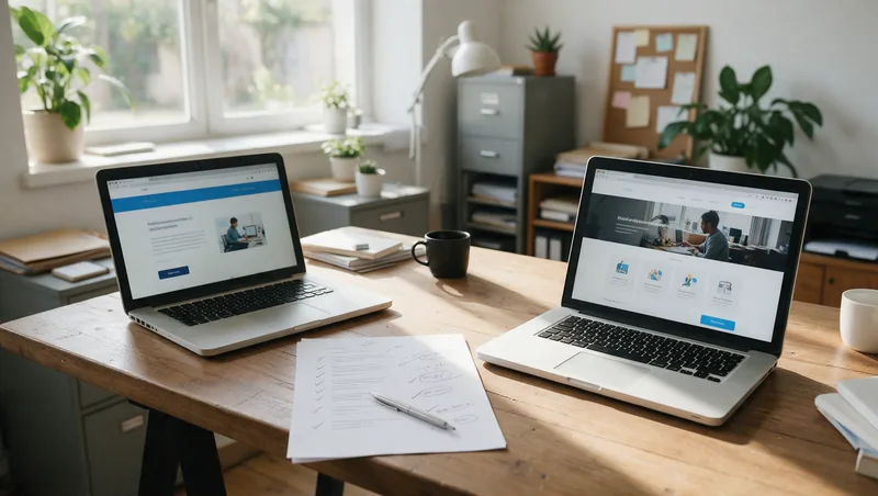 Dos portátiles con la versión vieja y la nueva de la misma web y una lista de direcciones con marcas