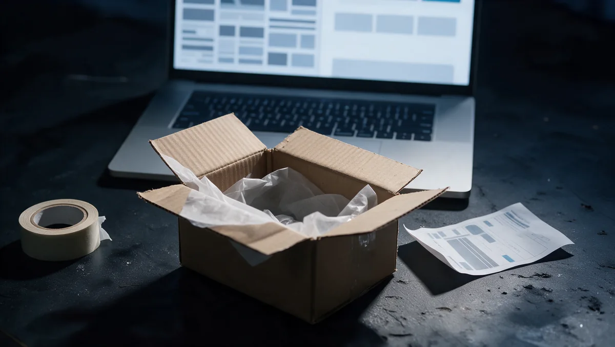 Pedido de una tienda online a medio empaquetar, con el portátil detrás