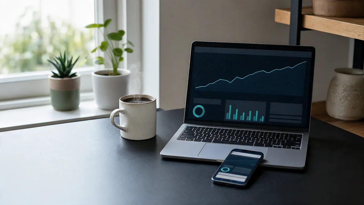 Portátil con la analítica, móvil con la web y un café