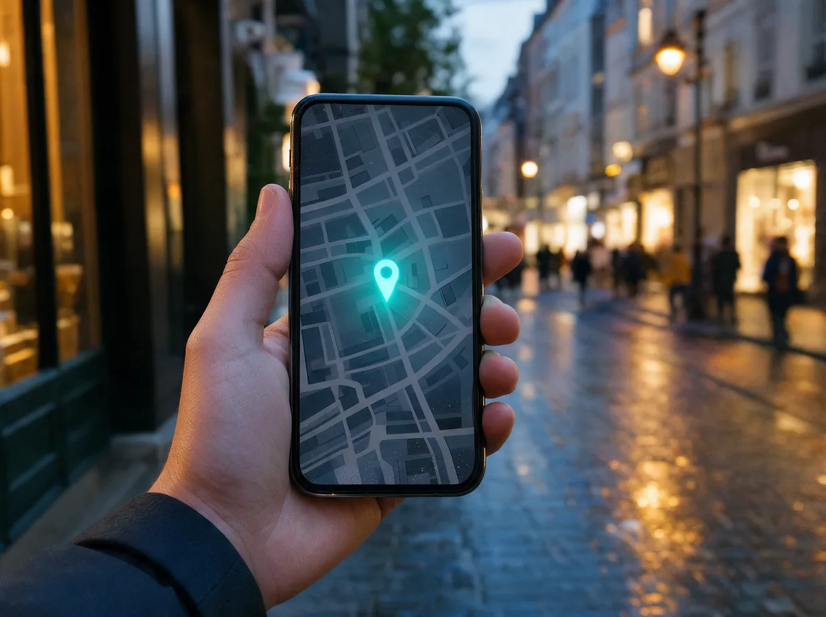 Móvil con un mapa y el negocio señalado con una chincheta, en plena calle comercial