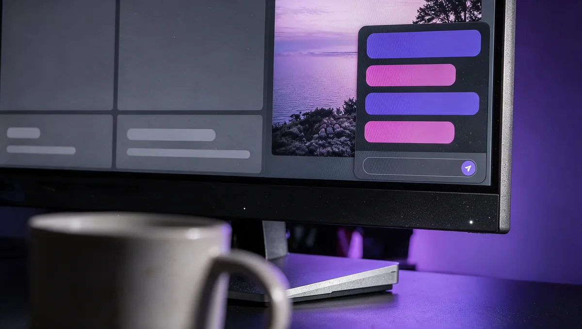 Monitor con una web y el panel del asistente de chat abierto en una esquina
