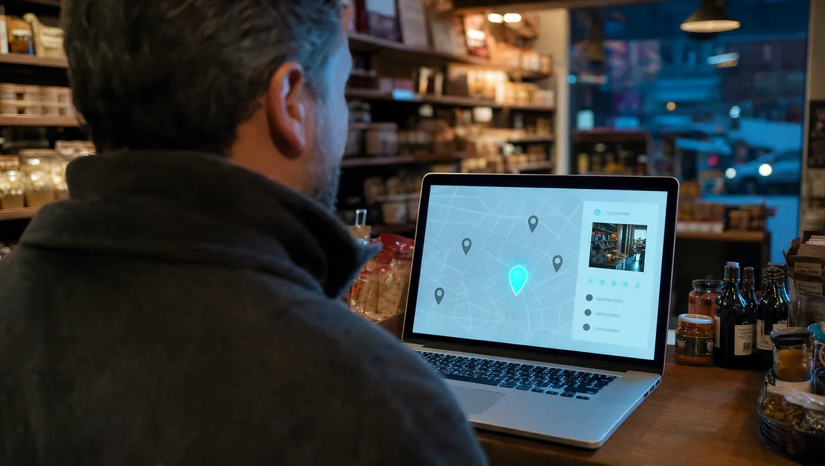 Dueño de una tienda mirando en el portátil el mapa con su negocio señalado