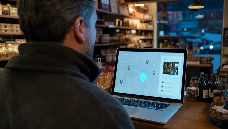 Dueño de una tienda mirando el mapa con su negocio en el portátil