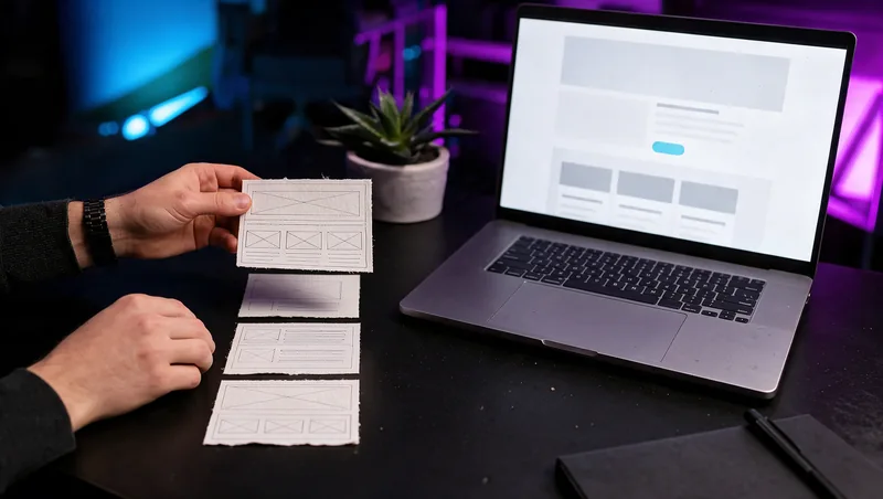 Manos ordenando tarjetas con la estructura de una web